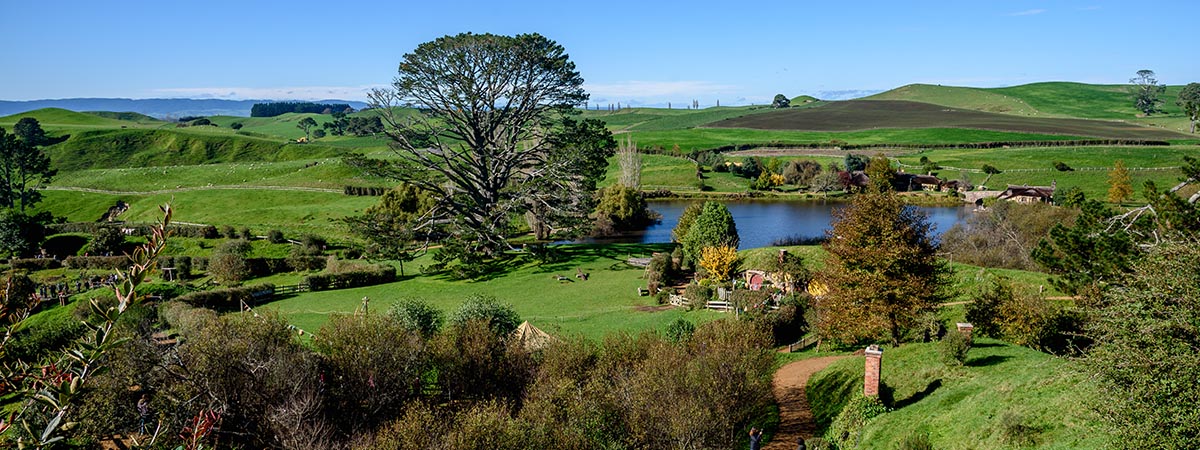 View of Hobbiton Movie Set in Matamata, New Zealand